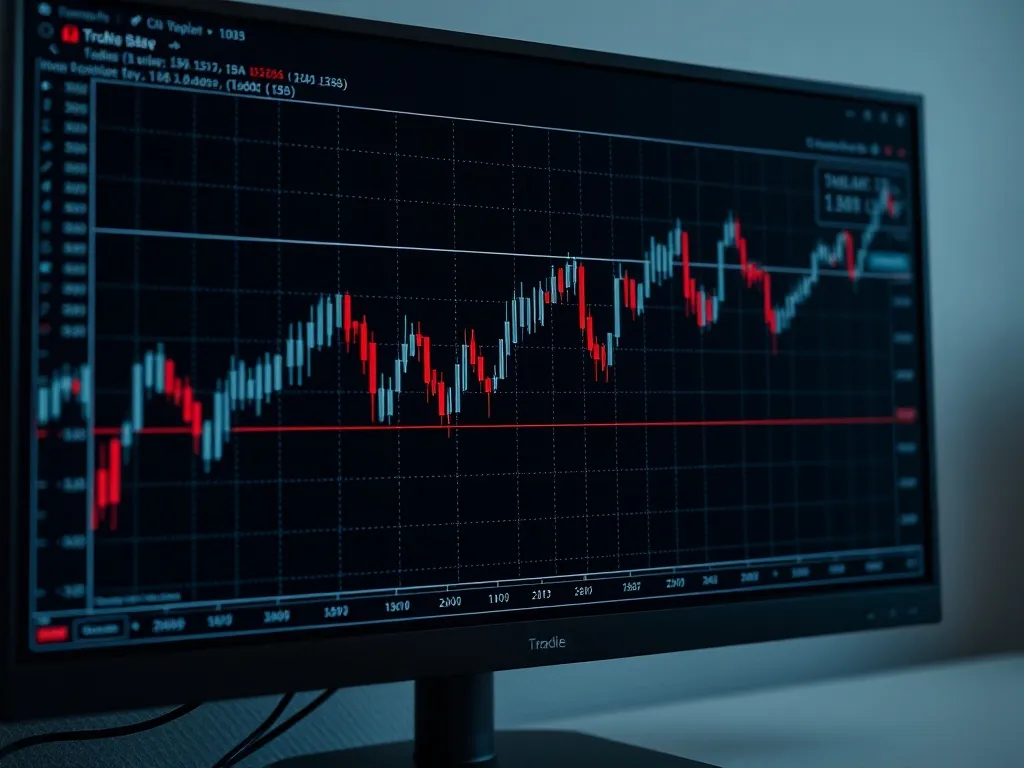 A technical financial chart on a dark monitor with silver li