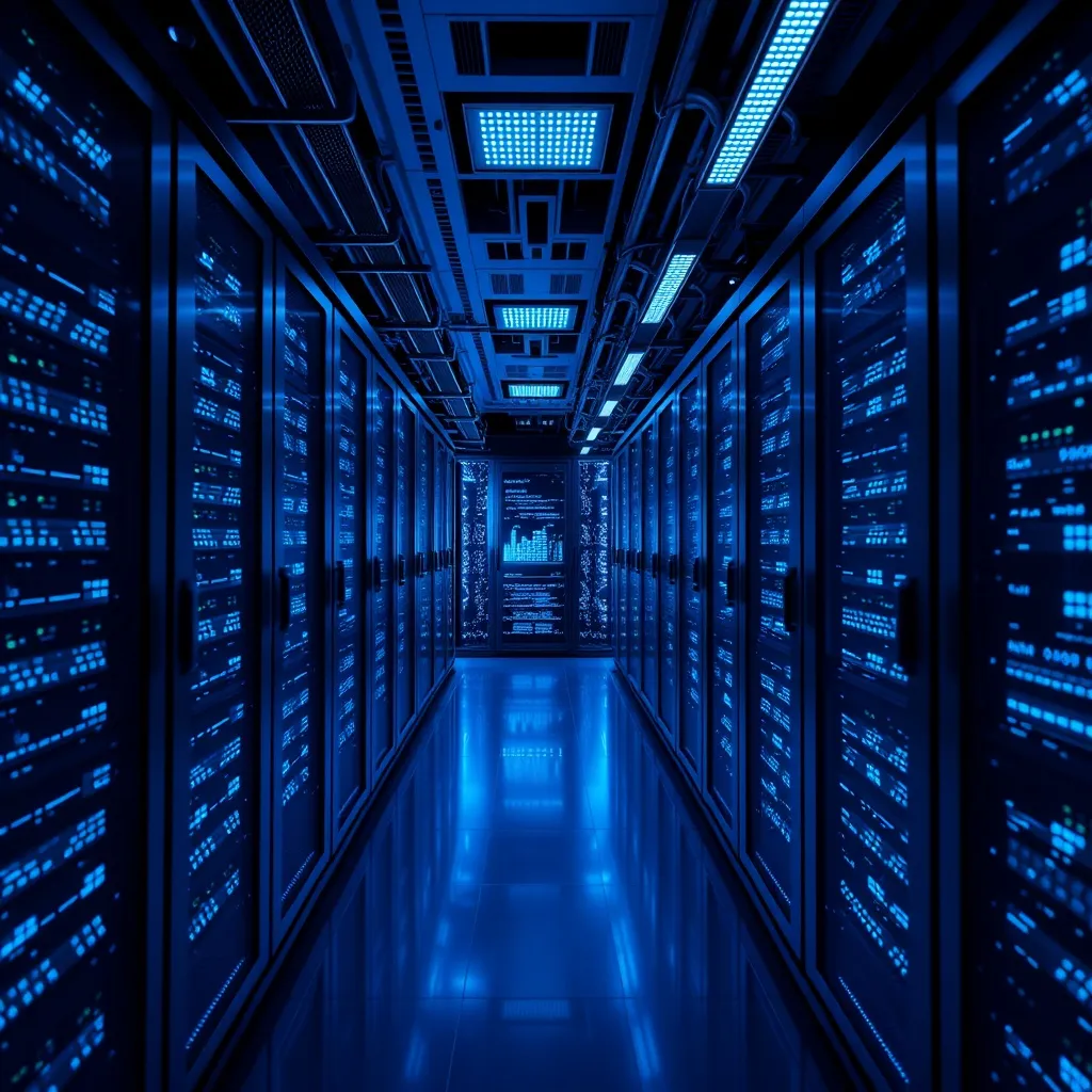 High-tech server room with glowing blue lights and digital d